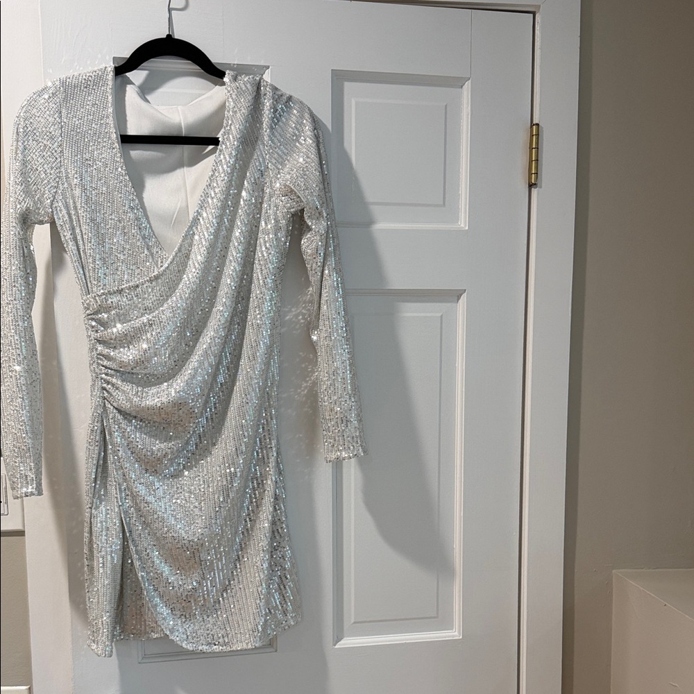 Silver Sequin Wrap-Front Long Sleeve Dress